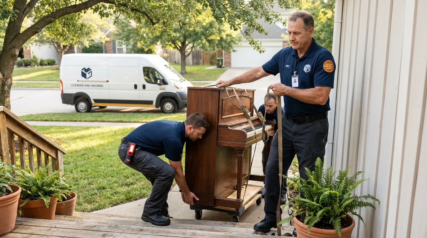 Licensed piano movers securing grand piano in Louisville, NE