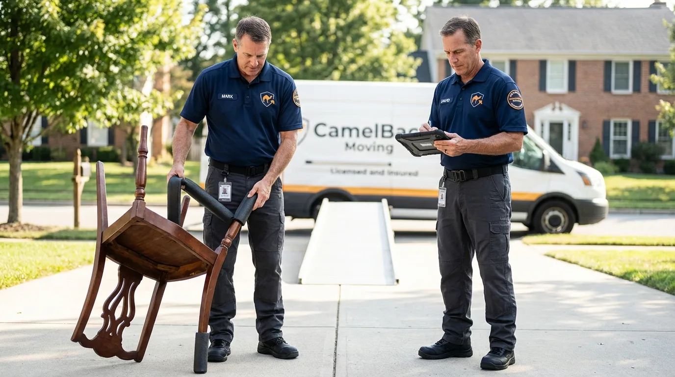 Movers inspecting furniture for damage prevention before loading in Louisville, NE
