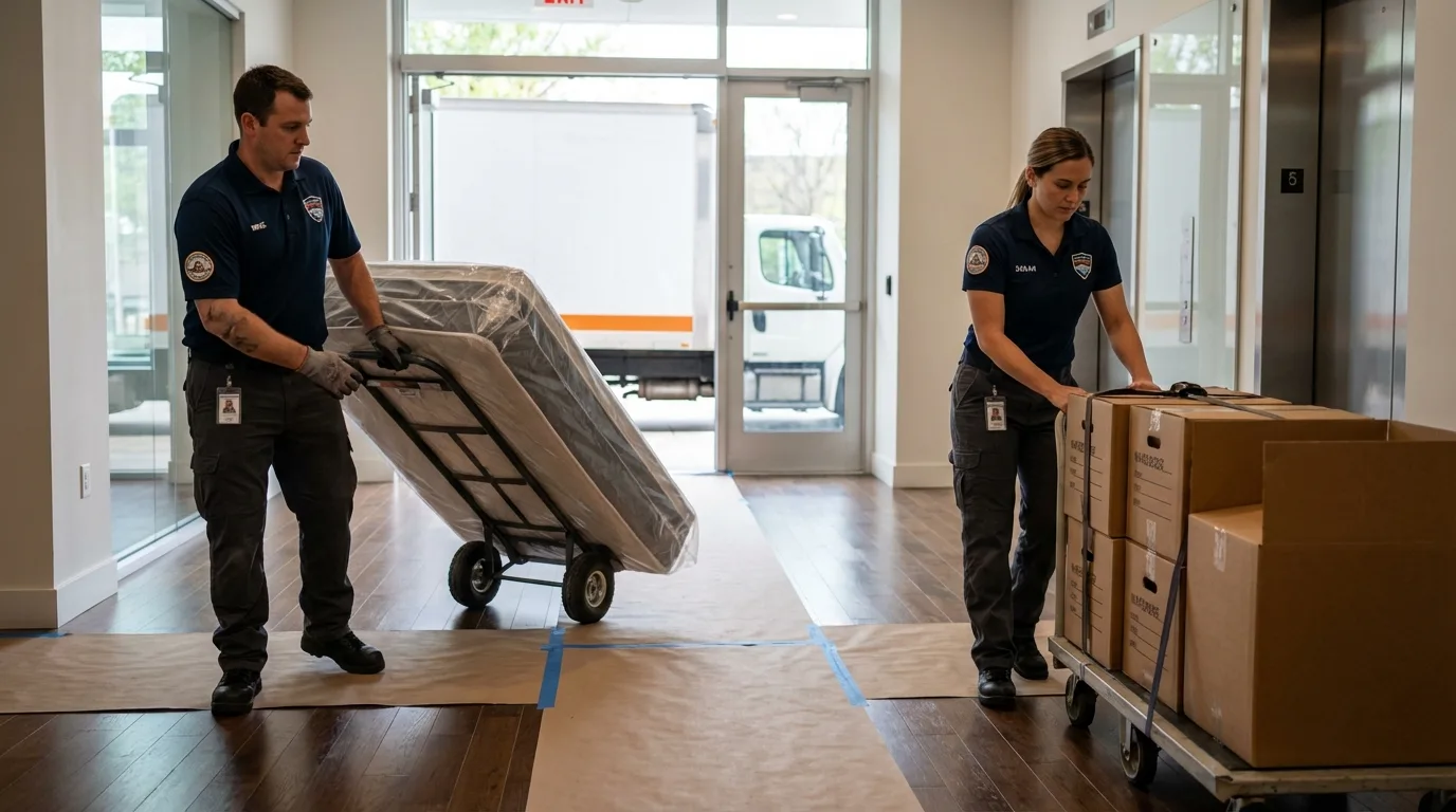 Professional apartment movers loading elevator in Louisville, NE