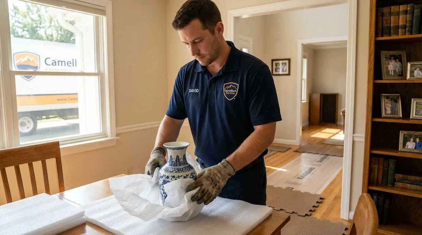 Professional crew carefully wrapping antique vase for senior downsizing move in Louisville, NE